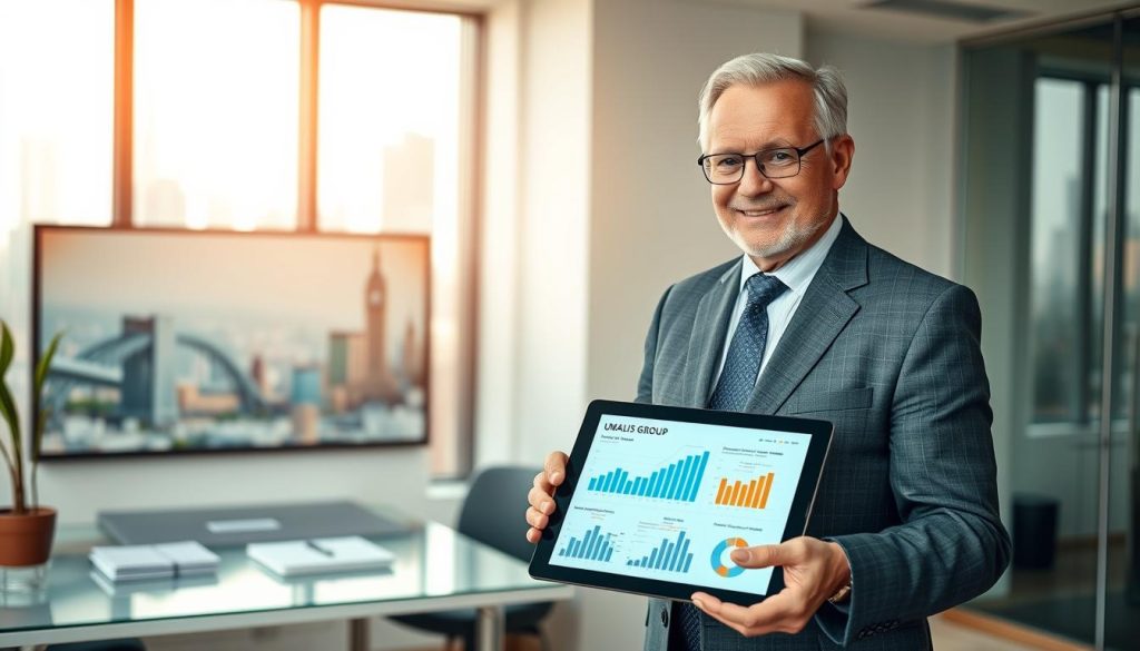 A professional setting depicting a confident senior executive, wearing a tailored business suit, standing in an elegantly designed office space. The foreground features the executive interacting with a digital tablet showcasing graphs and charts related to retirement security and social protection benefits. In the middle ground, include subtle hints of a modern work environment such as a sleek desk, a watercolor painting of a cityscape on the wall, and a window with natural sunlight filtering in, casting soft shadows. The background shows a hint of a bustling city skyline through the glass window, embodying stability and freedom. The overall atmosphere should convey professionalism, confidence, and clarity, with warm lighting to create an inviting environment. Include the brand "UMALIS GROUP" subtly on the digital tablet screen.