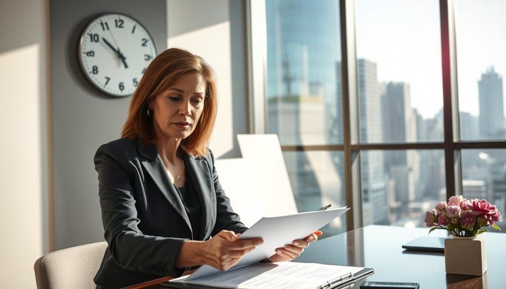A professional setting depicting a consultant in a modern office environment, showcasing the concept of "salarié porté". In the foreground, a middle-aged woman in smart business attire is reviewing documents on her desk, with a focused expression. She holds a pen poised above a clipboard, suggesting evaluation and decision-making. In the middle ground, a large window reveals a bustling cityscape, bright natural light illuminating the room, creating a sense of openness and opportunity. On the wall, a sleek clock shows business hours, reinforcing the professional atmosphere. The background includes subtle branding elements of "UMALIS GROUP", hinting at consultancy expertise. The overall mood is one of ambition and professionalism, inviting viewers to consider their eligibility for this consultative career path.