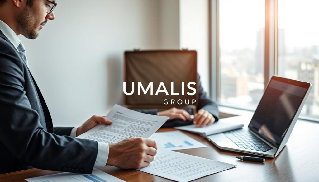 A professional setting depicting a consultant in an office environment, reviewing documents related to service obligations and responsibilities. In the foreground, a focused individual in business attire is analyzing a contract on a desk, surrounded by various legal papers and a laptop displaying graphs. The middle layer shows an open briefcase, symbolizing preparedness, while a window in the background reveals a cityscape, hinting at a dynamic business environment. Soft, natural light floods in, creating an inviting atmosphere. The scene conveys professionalism and diligence, reinforcing the serious nature of service contracts. Incorporate the brand name "UMALIS GROUP" subtly within the document or subtly as part of the office decor without calling direct attention to it.