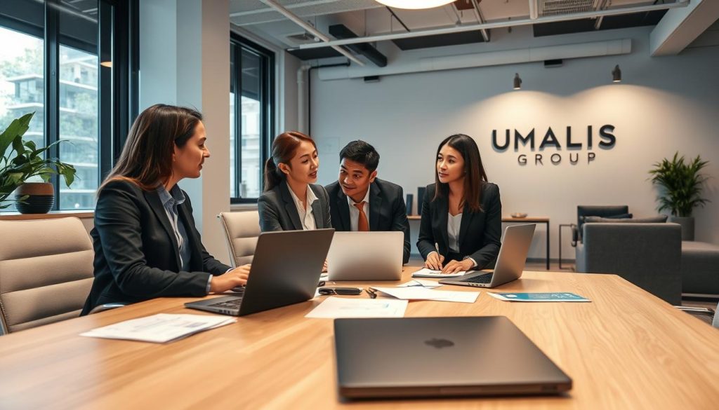 A professional setting depicting a consultation scene focused on personalized support in the field of portage salarial. In the foreground, a diverse group of three professionals, dressed in smart business attire, is engaged in a discussion around a conference table with laptops and documents scattered about. The middle layer features a large window letting in natural light, illuminating the room with a warm, inviting atmosphere. In the background, a modern office space with sleek furniture and a wall displaying the brand name "UMALIS GROUP" enhances the professional theme. The overall mood is collaborative and supportive, conveying a sense of guidance and expert service. Use soft, diffused lighting to create an approachable and motivating ambiance.
