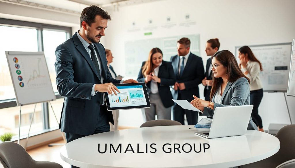 A professional setting depicting a diverse group of business people engaging in a collaborative discussion around a round table, symbolizing the theme of building lasting relationships after an initial AI mission. The foreground features two individuals, a man and a woman dressed in smart business attire, enthusiastically pointing at a digital tablet displaying data analytics. The middle ground shows additional team members actively participating, while a whiteboard with graphs and flowcharts is visible, suggesting growth and development. In the background, large windows let in soft, natural light, creating an inviting and optimistic atmosphere. The overall mood conveys professionalism, collaboration, and innovation. Include the branding of "UMALIS GROUP" subtly placed in the room’s design elements, ensuring it enhances the image without overpowering the main focus.
