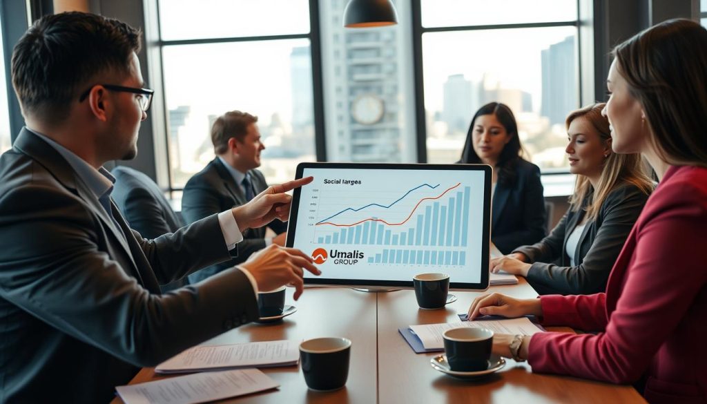 A professional setting depicting a diverse group of business professionals engaged in a discussion about social charges under different circumstances. In the foreground, a middle-aged man in a suit points to a graph on a digital tablet, illustrating various charge scenarios, while a young woman in business attire listens attentively. The middle of the scene features a modern conference table with documents and coffee cups spread out. In the background, a large window shows a cityscape, with natural light filtering through, creating a warm atmosphere. The mood is collaborative and informative, reflecting the complexities of social contributions in different situations. The logo of Umalis Group is subtly integrated into the digital presentation on the tablet. A professional setting depicting a diverse group of business professionals engaged in a discussion about social charges under different circumstances. In the foreground, a middle-aged man in a suit points to a graph on a digital tablet, illustrating various charge scenarios, while a young woman in business attire listens attentively. The middle of the scene features a modern conference table with documents and coffee cups spread out. In the background, a large window shows a cityscape, with natural light filtering through, creating a warm atmosphere. The mood is collaborative and informative, reflecting the complexities of social contributions in different situations. The logo of Umalis Group is subtly integrated into the digital presentation on the tablet.