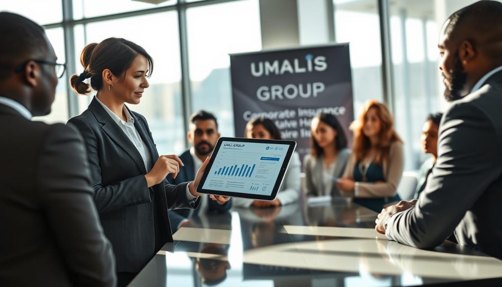 A professional setting depicting a diverse group of individuals engaged in a discussion about corporate health insurance, representing the concept of "mutuelle." In the foreground, a confident businesswoman in a tailored suit is presenting, pointing to a digital tablet displaying graphs and statistics. Beside her, a professional man in business casual attire nods in agreement, indicating collaboration. In the middle ground, a few attentive team members of varying ethnicities are seated around a sleek conference table, some making notes. The background features a modern office with large windows allowing natural light to illuminate the scene, creating a bright and inviting atmosphere. Soft shadows add depth, enhancing the focus on the discussion. Subtle branding elements of "UMALIS GROUP" can be seen on signage around the room.