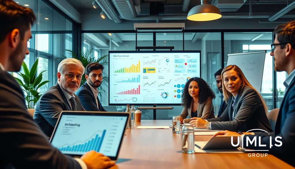 A professional setting depicting a diverse group of individuals engaged in an annual review meeting. In the foreground, a man and a woman in business attire, deeply focused, with a laptop displaying graphs and charts related to "bilan annuel portage salarial." In the middle, a large screen showcases colorful visualizations of financial data and projections, with a whiteboard filled with strategy notes. The background features a modern office environment with glass walls and greenery, promoting an inviting atmosphere. Soft, warm lighting highlights the faces of the attendees, creating a sense of collaboration and motivation. Emphasize the branding of "UMALIS GROUP" subtly integrated into the presentation materials, reinforcing professionalism and growth.
