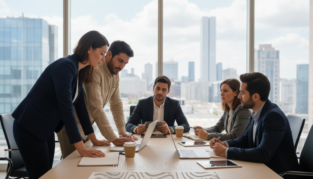 A professional setting depicting a diverse group of individuals engaging in a business meeting to illustrate "portage salarial." In the foreground, a confident woman in a tailored blazer and a man in smart casual attire discuss ideas over a laptop. The middle ground features a modern conference table cluttered with notepads and digital devices, symbolizing collaboration. In the background, a large window with natural light spilling in, showcasing a vibrant urban skyline, invites a sense of freedom and opportunity. The atmosphere is focused yet relaxed, embodying the balance of professional communication and personal autonomy. Soft, warm lighting enhances the inviting environment. Include the brand name "portagesalarials.com" subtly integrated into the design but without overt text or branding elements.