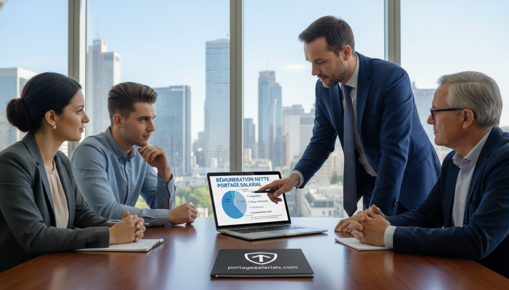 A professional setting depicting a financial advisor explaining "rémunération nette portage salarial" to clients. In the foreground, a well-dressed man in a suit reviews a detailed pie chart on a laptop screen, illustrating net salary breakdowns. In the middle, a diverse group of attentive individuals, including a woman in a blazer and a young man in smart casual attire, sit around a modern conference table, engaged in discussion. The background features a sleek office with large windows allowing natural light to flood in, showcasing a city skyline. The atmosphere is focused and informative, conveying trust and professionalism. Subtly integrated into the scene, include the logo of "portagesalarials.com" on a notebook on the table. A professional setting depicting a financial advisor explaining "rémunération nette portage salarial" to clients. In the foreground, a well-dressed man in a suit reviews a detailed pie chart on a laptop screen, illustrating net salary breakdowns. In the middle, a diverse group of attentive individuals, including a woman in a blazer and a young man in smart casual attire, sit around a modern conference table, engaged in discussion. The background features a sleek office with large windows allowing natural light to flood in, showcasing a city skyline. The atmosphere is focused and informative, conveying trust and professionalism. Subtly integrated into the scene, include the logo of "portagesalarials.com" on a notebook on the table.