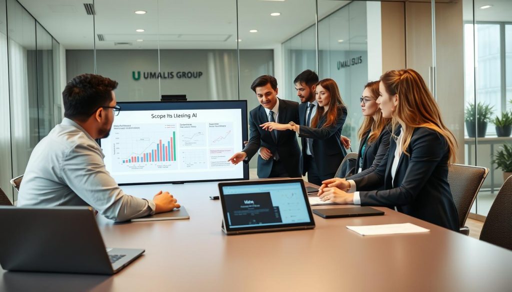 A professional setting depicting a focused business meeting between a diverse group of individuals, including a man and a woman in professional attire, who are discussing the scope of an AI project. In the foreground, a sleek conference table with laptops, documents, and a digital tablet displaying graphs. In the middle, the participants are engaged in conversation, pointing towards a visual presentation on a screen that illustrates project milestones and objectives. The background features a modern office with glass walls and soft, natural lighting filtering in, creating an atmosphere of collaboration and clarity. Subtle branding elements of "UMALIS GROUP" are present in the decor, enhancing the scene's professionalism. The overall mood is focused and productive, capturing the essence of defining project parameters effectively.