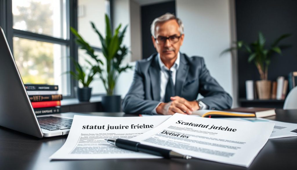 A professional setting depicting a freelance consultant in business attire, seated at a sleek desk with a laptop open, analyzing legal documents labeled "statut juridique freelance". In the foreground, a close-up of the documents and a pen, symbolizing decision-making. The middle ground features the consultant, a middle-aged individual with a focused expression, surrounded by books on business and law. In the background, a modern, minimalistic office space with natural light filtering through a large window, plants adding a touch of warmth. The overall mood is serene and efficient, capturing the essence of choosing the right legal status for freelancers. Include the logo "UMALIS GROUP" subtly placed on one of the documents.