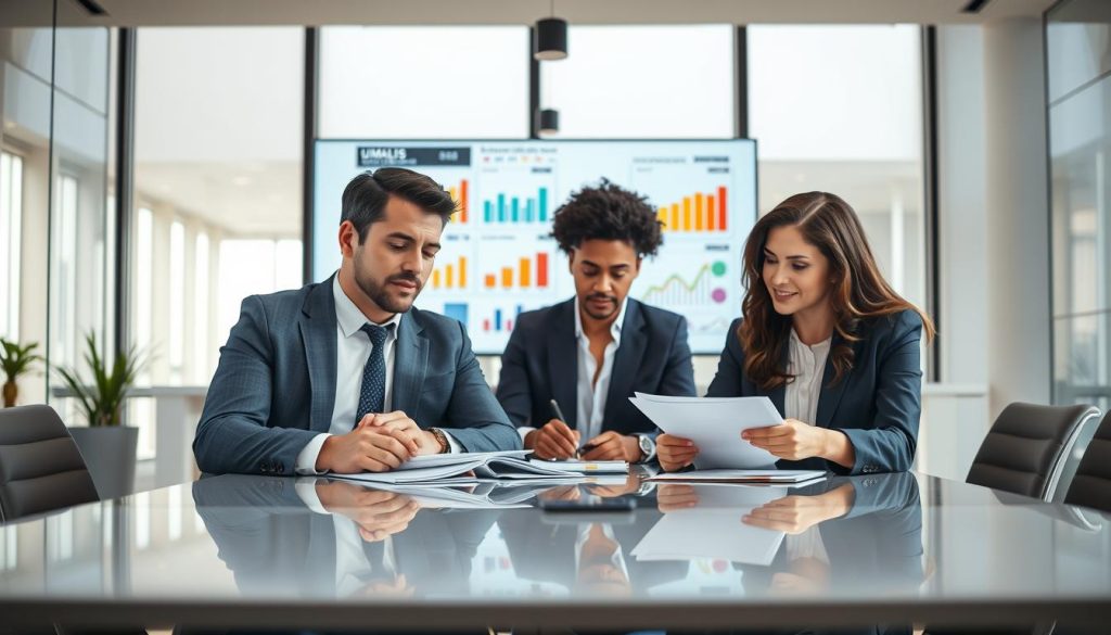 A professional setting depicting a group of diverse independent workers engaged in a collaborative discussion about "portage salarial". In the foreground, two individuals, a man and a woman, are seated at a sleek conference table, dressed in smart business attire. They are reviewing documents with thoughtful expressions, symbolizing the security and benefits of their employment situation. In the middle ground, a variety of colorful graphs and charts are displayed on a digital screen behind them, representing the advantages and limits of portage salarial. The background features a bright, modern office environment with large windows allowing natural light to flood in, creating an optimistic atmosphere. The name "UMALIS GROUP" is subtly included in the design of the conference room. Use soft, professional lighting to enhance a sense of clarity and focus.