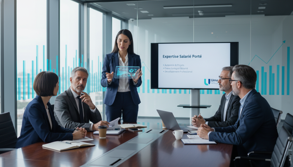 A professional setting depicting a group of diverse individuals collaborating at a sleek conference table, representing the concept of "Expertise salarié porté." In the foreground, a confident woman in a smart business suit is presenting concepts on a digital tablet, while a middle-aged man, also in formal attire, reviews documents. In the middle ground, a modern office space features large windows letting in natural light, casting soft shadows. In the background, abstract graphs and charts adorn the glass walls, symbolizing autonomy and expertise. The lighting is bright and inviting, conveying a productive atmosphere. The setting subtly includes the logo of "Umalis Group" on a presentation slide, reinforcing the theme of professional expertise in the realm of employee autonomy and legal aspects of portage salarial. A professional setting depicting a group of diverse individuals collaborating at a sleek conference table, representing the concept of "Expertise salarié porté." In the foreground, a confident woman in a smart business suit is presenting concepts on a digital tablet, while a middle-aged man, also in formal attire, reviews documents. In the middle ground, a modern office space features large windows letting in natural light, casting soft shadows. In the background, abstract graphs and charts adorn the glass walls, symbolizing autonomy and expertise. The lighting is bright and inviting, conveying a productive atmosphere. The setting subtly includes the logo of "Umalis Group" on a presentation slide, reinforcing the theme of professional expertise in the realm of employee autonomy and legal aspects of portage salarial.