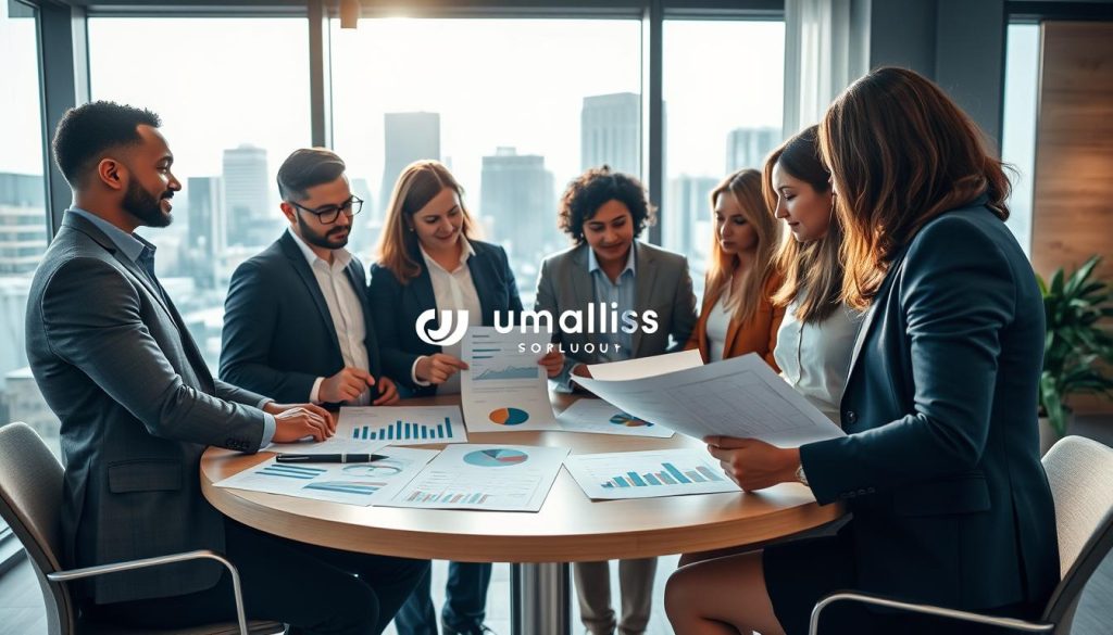 A professional setting depicting a group of diverse individuals in a modern office, engaging in a discussion about "syndicat portage salarial." In the foreground, two professionals, one male and one female, are analyzing documents together, showcasing teamwork and representation in business attire. In the middle ground, a round table holds charts and graphs illustrating financial and workforce insights relevant to the topic. The background features a large window with natural light streaming in, offering a cityscape view, symbolizing growth and opportunity. The atmosphere is collaborative and focused, with warm lighting enhancing the inviting feel of the workspace. The logo "Umalis Group" is subtly integrated into the office decor.