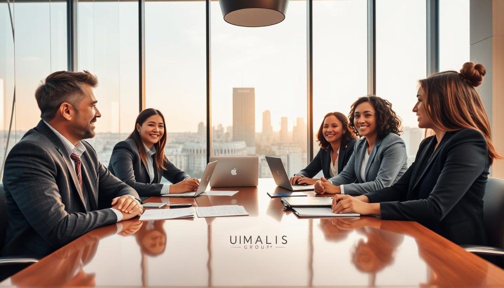 A professional setting depicting a group of diverse individuals sharing their experiences with "portage salarial." In the foreground, two men and two women in professional business attire are seated around a polished conference table, engaged in a thoughtful discussion. The expressions on their faces should convey a sense of optimism and confidence. The middle ground features documents and laptops, suggesting an active collaboration. In the background, a large window reveals a modern cityscape bathed in warm afternoon light, creating an inviting atmosphere. The scene should be well-lit to evoke a sense of professionalism and openness. Include subtle branding elements of “UMALIS GROUP” in the environment, ensuring they are unobtrusive and integrated naturally into the setting.