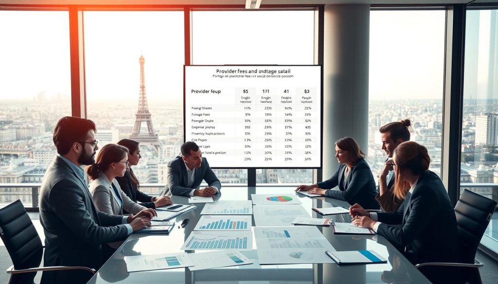 A professional setting depicting a modern office environment focused on financial discussions. In the foreground, a diverse group of business professionals in formal attire is collaborating over a sleek conference table filled with charts and documents related to provider fees and payroll in France. In the middle ground, a large digital screen shows a detailed financial comparison, highlighting English-speaking portage salarial providers' fees and social protection metrics. The background features a panoramic view of a bustling Paris skyline, dotted with iconic landmarks. Soft natural lighting filters through large windows, creating a bright and engaging atmosphere. The mood is collaborative and focused, embodying the spirit of informed decision-making in a multicultural business context. The logo "Umalis Group" subtly integrated into the scene.