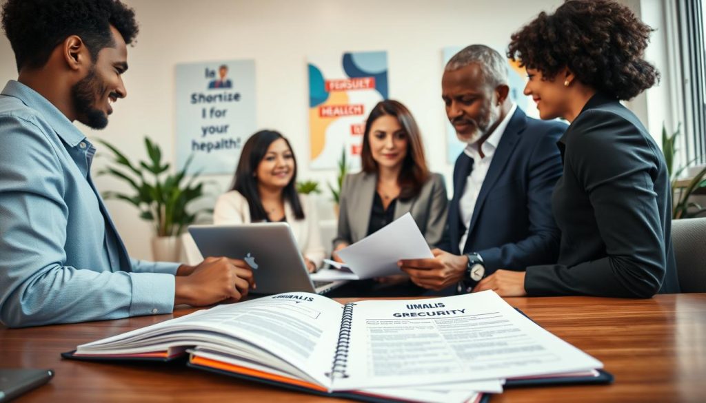 A professional setting depicting a reassuring and supportive atmosphere around social security affiliation. In the foreground, a diverse group of three individuals in business attire are engaged in a discussion over documents and a laptop, symbolizing collaboration and guidance. In the middle ground, an open folder reveals official paperwork with "UMALIS GROUP" branding, emphasizing the affiliation process. The background shows a well-lit office space with motivational posters about independence and health, alongside potted plants for a touch of warmth. Soft, natural light filters through large windows, creating a positive and optimistic mood that underscores the theme of transitioning to independence safely. The angle is slightly elevated, providing a comprehensive view of the scene without any distractions. A professional setting depicting a reassuring and supportive atmosphere around social security affiliation. In the foreground, a diverse group of three individuals in business attire are engaged in a discussion over documents and a laptop, symbolizing collaboration and guidance. In the middle ground, an open folder reveals official paperwork with "UMALIS GROUP" branding, emphasizing the affiliation process. The background shows a well-lit office space with motivational posters about independence and health, alongside potted plants for a touch of warmth. Soft, natural light filters through large windows, creating a positive and optimistic mood that underscores the theme of transitioning to independence safely. The angle is slightly elevated, providing a comprehensive view of the scene without any distractions.
