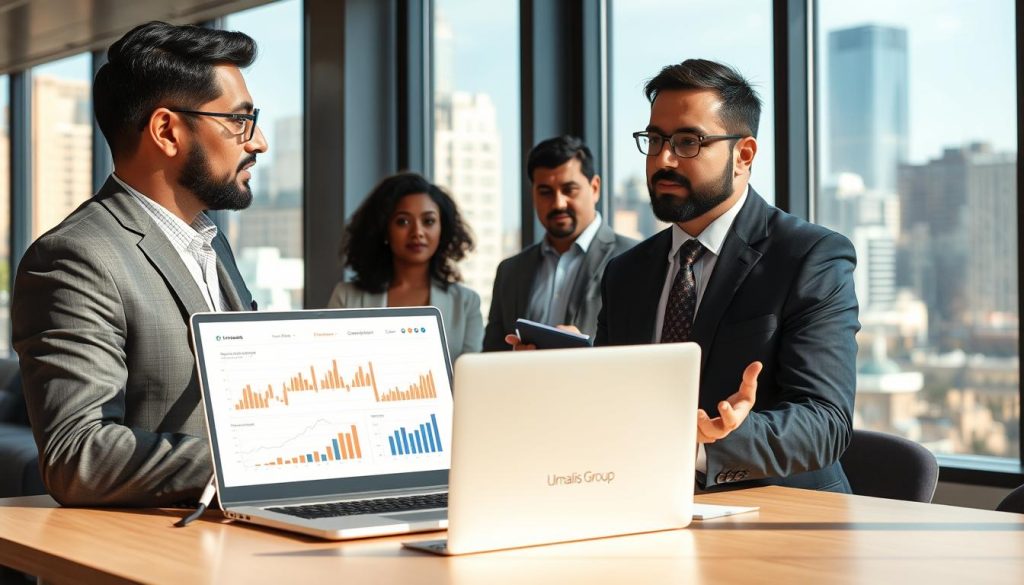 A professional setting depicting a salaried employee engaged in a discussion about "portage salarial" within a modern office environment. In the foreground, a mid-30s South Asian man in a tailored suit is animatedly explaining concepts, with a laptop open in front of him displaying financial graphs and icons symbolizing flexibility and autonomy. The middle layer features two attentive colleagues, a Black woman in professional attire and a Hispanic man in business-casual clothing, taking notes. In the background, large windows let in warm natural light, showcasing a vibrant cityscape that represents opportunity and growth. The atmosphere is collaborative and professional, capturing the essence of modern work dynamics. Include subtle branding elements of "Umalis Group" on the laptop screen.
