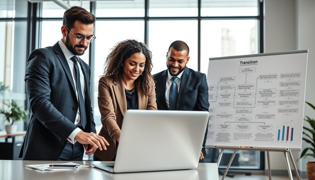 A professional setting depicting a transitioning auto-entrepreneur moving towards portage salarial. In the foreground, a diverse group of three individuals in smart business attire collaborate over a laptop, their expressions focused and engaged. In the background, a modern, sleek office space with large windows allowing natural light to flood the room, creating a bright and optimistic atmosphere. The middle ground features a whiteboard filled with diagrams and flowcharts illustrating the transition process. Soft lighting enhances the professionalism of the scene, while a wide-angle lens captures the dynamic environment. The overall mood is one of empowerment and transformation, emphasizing growth and new opportunities in the world of business. A professional setting depicting a transitioning auto-entrepreneur moving towards portage salarial. In the foreground, a diverse group of three individuals in smart business attire collaborate over a laptop, their expressions focused and engaged. In the background, a modern, sleek office space with large windows allowing natural light to flood the room, creating a bright and optimistic atmosphere. The middle ground features a whiteboard filled with diagrams and flowcharts illustrating the transition process. Soft lighting enhances the professionalism of the scene, while a wide-angle lens captures the dynamic environment. The overall mood is one of empowerment and transformation, emphasizing growth and new opportunities in the world of business.