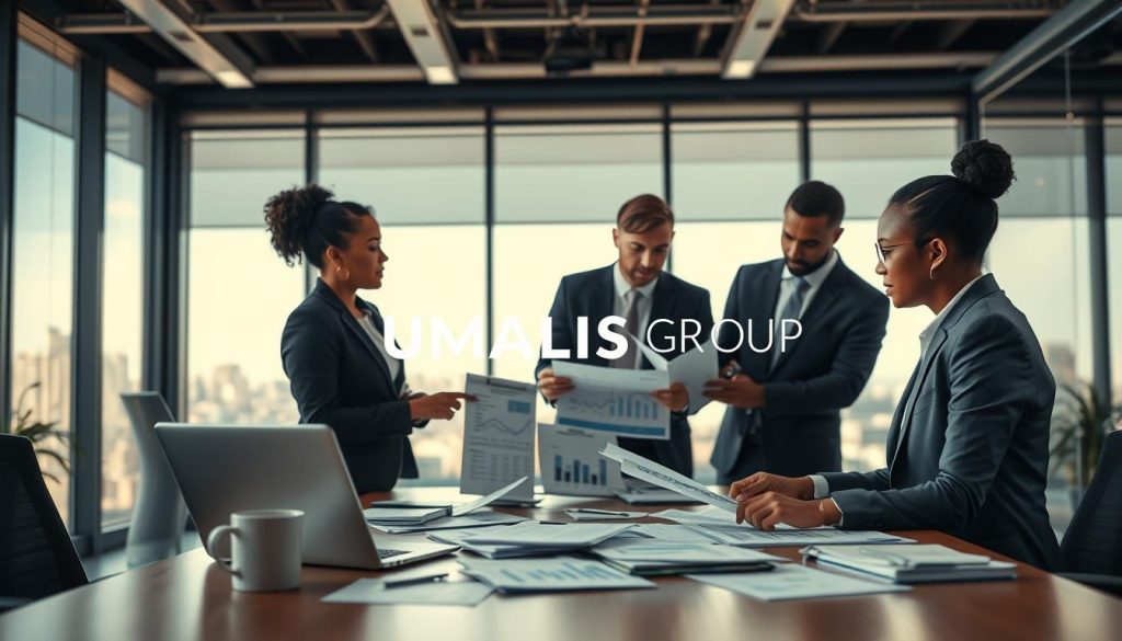 A professional setting depicting a well-organized modern office space representative of portage salarial and financial management. In the foreground, a diverse group of three professionals in business attire discuss and analyze documents and charts related to salary, expenses, and management fees, exuding a collaborative atmosphere. In the middle, a large desk is scattered with paperwork, a laptop displaying financial graphs, and a coffee mug. The background features a large window with city views, allowing natural light to flood the room, creating a warm and inviting atmosphere. Soft focus on the background emphasizes the professionals while the lighting is bright and motivating. The brand name "UMALIS GROUP" subtly integrated into the design of the office. A professional setting depicting a well-organized modern office space representative of portage salarial and financial management. In the foreground, a diverse group of three professionals in business attire discuss and analyze documents and charts related to salary, expenses, and management fees, exuding a collaborative atmosphere. In the middle, a large desk is scattered with paperwork, a laptop displaying financial graphs, and a coffee mug. The background features a large window with city views, allowing natural light to flood the room, creating a warm and inviting atmosphere. Soft focus on the background emphasizes the professionals while the lighting is bright and motivating. The brand name "UMALIS GROUP" subtly integrated into the design of the office.
