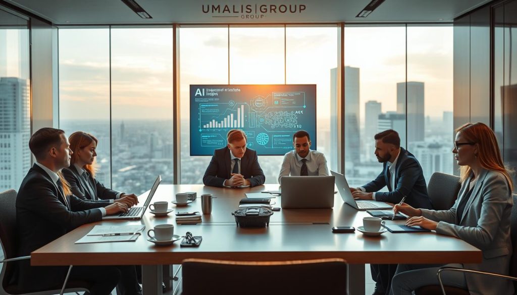 A professional setting depicting an independent AI consultant in a modern office environment, representing "Cadrage professionnel en portage salarial." In the foreground, a diverse group of professionals, dressed in smart business attire, are engaged in a collaborative discussion around a high-tech conference table with laptops open and digital gadgets scattered. The middle ground features a large digital screen displaying AI data insights, while coffee cups and notebooks suggest an ongoing brainstorming session. In the background, glass walls reveal a vibrant cityscape with a warm afternoon glow filtering through, creating a productive atmosphere. The lighting is bright yet soft, enhancing focus and collaboration. The logo "UMALIS GROUP" is subtly integrated into the design elements of the office space.