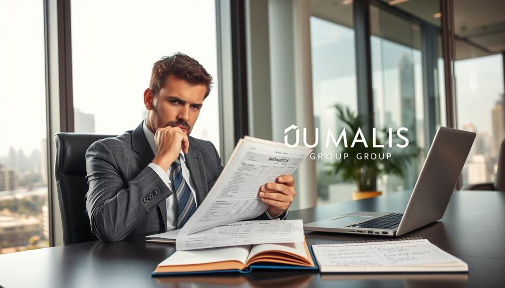 A professional setting depicting an office environment, where a thoughtful individual in business attire is contemplating a decision regarding a "portage salarial" contract. In the foreground, the person is seated at a sleek desk, reviewing paperwork with a furrowed brow, showing a mix of concern and determination. The middle ground includes a laptop open to a financial spreadsheet, while a notepad with handwritten notes about contract motivations is visible. In the background, a large window reveals a city skyline, suggesting a bustling business district. Soft, natural light streams in, creating a focus on the individual, conveying a serious yet hopeful mood. The brand logo "UMALIS GROUP" is subtly incorporated in the decor of the office. A professional setting depicting an office environment, where a thoughtful individual in business attire is contemplating a decision regarding a "portage salarial" contract. In the foreground, the person is seated at a sleek desk, reviewing paperwork with a furrowed brow, showing a mix of concern and determination. The middle ground includes a laptop open to a financial spreadsheet, while a notepad with handwritten notes about contract motivations is visible. In the background, a large window reveals a city skyline, suggesting a bustling business district. Soft, natural light streams in, creating a focus on the individual, conveying a serious yet hopeful mood. The brand logo "UMALIS GROUP" is subtly incorporated in the decor of the office.