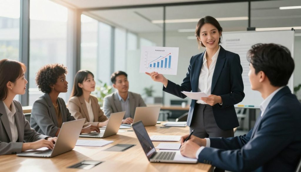 A professional setting depicting diverse individuals engaged in a career development discussion. In the foreground, a confident woman in a smart business suit passionately presents a chart highlighting career growth. Beside her, a poised man in professional attire actively takes notes, displaying keen interest. In the middle ground, various professionals, representing different backgrounds and ages, interact around a large conference table with laptops and documents scattered. The background showcases a modern office environment with glass walls, sunlight streaming in, creating a warm and inviting atmosphere. Soft, natural lighting illuminates the scene, captured with a slight depth of field to focus on the engaged discussions and expressions, evoking a sense of optimism and empowerment in career advancement.