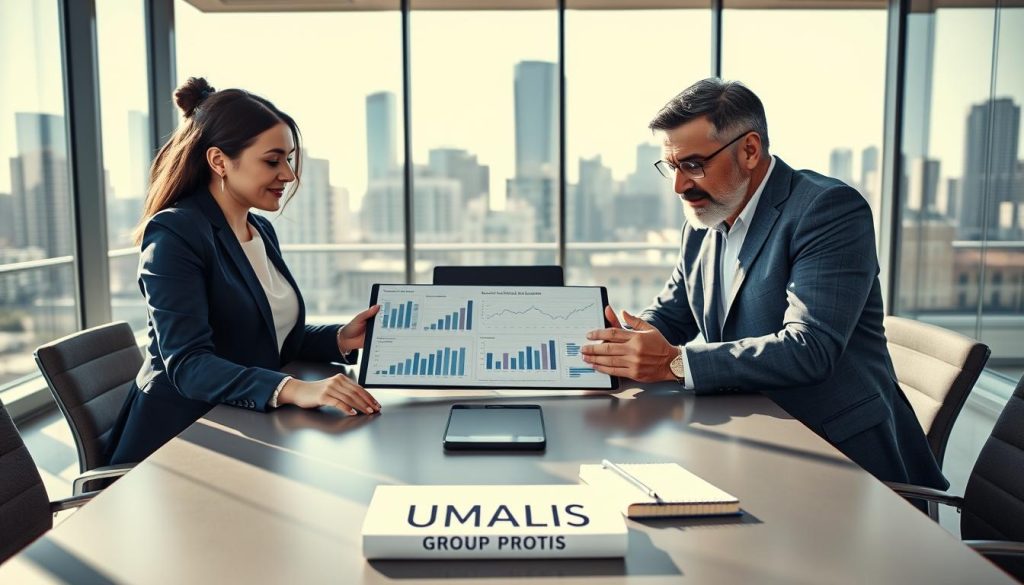 A professional setting depicting experienced consultants engaged in discussions about "portage salarial" opportunities for senior executives in 2026. In the foreground, two diverse middle-aged professionals, a woman in a tailored navy blue suit and a man in a gray blazer, examine a tablet displaying charts and graphs, suggesting informed decision-making. In the middle, a sleek conference table surrounded by modern office decor, with a backdrop of large windows showing a city skyline, emphasizing a vibrant, forward-thinking business environment. The lighting is bright and natural, casting soft shadows, enhancing the atmosphere of collaboration and innovation. The branding "UMALIS GROUP" subtly appears on a notepad on the table. The image conveys a mood of optimism and strategic planning, ideal for a professional audience.