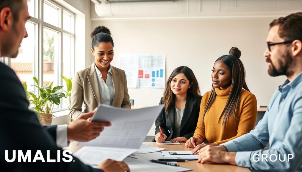 A professional setting depicting personalized career guidance with France Travail, featuring a diverse group of individuals engaged in a collaborative discussion. In the foreground, a well-dressed career advisor, holding a tablet, gestures towards a detailed plan on the table. Two clients, one male and one female, listen attentively, taking notes. In the middle, bright office space with large windows allowing natural light to flood in, showcasing charts and brochures about job placement strategies on a wall. The background shows a modern office environment with greenery, creating an inviting atmosphere. The lens captures the scene from a slightly elevated angle, adding depth, with a warm and encouraging mood. The brand name "UMALIS GROUP" subtly incorporated into the office decor without text overlays. A professional setting depicting personalized career guidance with France Travail, featuring a diverse group of individuals engaged in a collaborative discussion. In the foreground, a well-dressed career advisor, holding a tablet, gestures towards a detailed plan on the table. Two clients, one male and one female, listen attentively, taking notes. In the middle, bright office space with large windows allowing natural light to flood in, showcasing charts and brochures about job placement strategies on a wall. The background shows a modern office environment with greenery, creating an inviting atmosphere. The lens captures the scene from a slightly elevated angle, adding depth, with a warm and encouraging mood. The brand name "UMALIS GROUP" subtly incorporated into the office decor without text overlays.