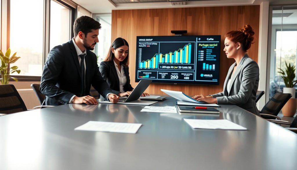 A professional setting depicting "portage salarial" concepts in action. In the foreground, a diverse group of three business professionals in smart business attire, engaged in a collaborative discussion over documents and laptops on a sleek conference table. The middle ground features a modern office space with large windows allowing soft, natural light to flood in, creating a warm and inviting atmosphere. In the background, symbolic elements such as charts and graphs on a digital screen representing various fiscal regimes applicable to portage salarial. The overall mood is focused and productive, highlighting teamwork and clarity in financial discussions. Include subtle branding of "UMALIS GROUP" integrated into the conference room environment. Use a slightly elevated angle for viewpoint, capturing depth and inviting engagement.
