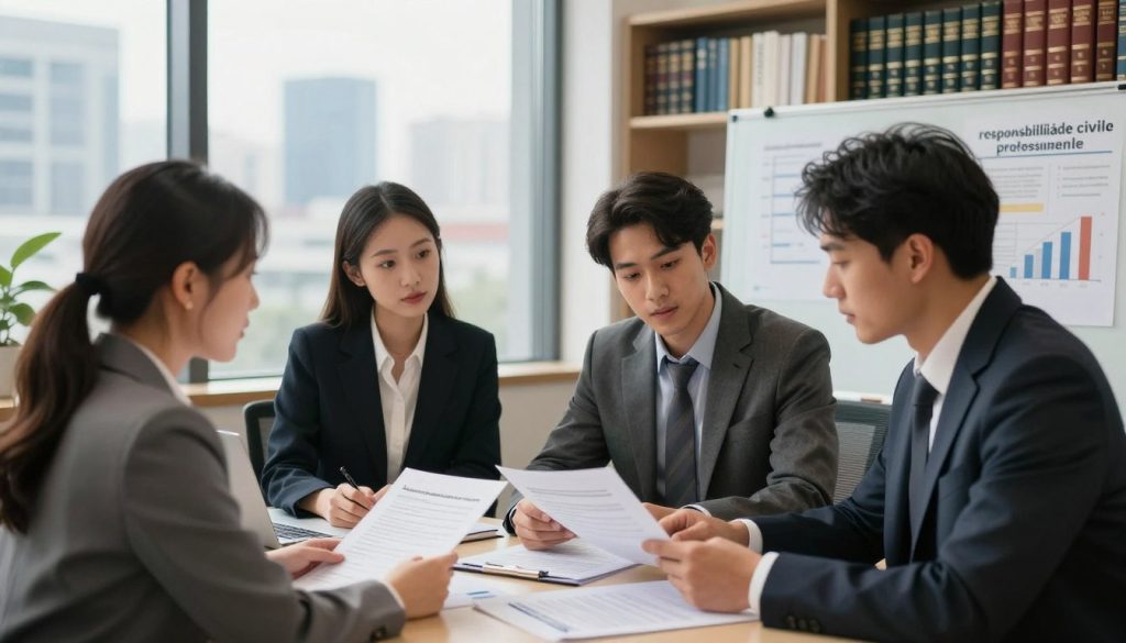 A professional setting depicting "responsabilité civile professionnelle" in relation to independent careers. In the foreground, a diverse group of three professionals, a woman and two men dressed in smart business attire, are engaged in a discussion, reviewing documents on a table scattered with contracts and insurance papers. In the middle ground, a large window reveals a cityscape, emphasizing the modern business environment. The background features a sleek office with bookshelves filled with legal textbooks and a whiteboard with charts illustrating risk management concepts. Soft, natural light filters through the window, creating a warm, inviting atmosphere. The overall mood conveys professionalism, security, and the importance of understanding civil liability in independent work. A professional setting depicting "responsabilité civile professionnelle" in relation to independent careers. In the foreground, a diverse group of three professionals, a woman and two men dressed in smart business attire, are engaged in a discussion, reviewing documents on a table scattered with contracts and insurance papers. In the middle ground, a large window reveals a cityscape, emphasizing the modern business environment. The background features a sleek office with bookshelves filled with legal textbooks and a whiteboard with charts illustrating risk management concepts. Soft, natural light filters through the window, creating a warm, inviting atmosphere. The overall mood conveys professionalism, security, and the importance of understanding civil liability in independent work.