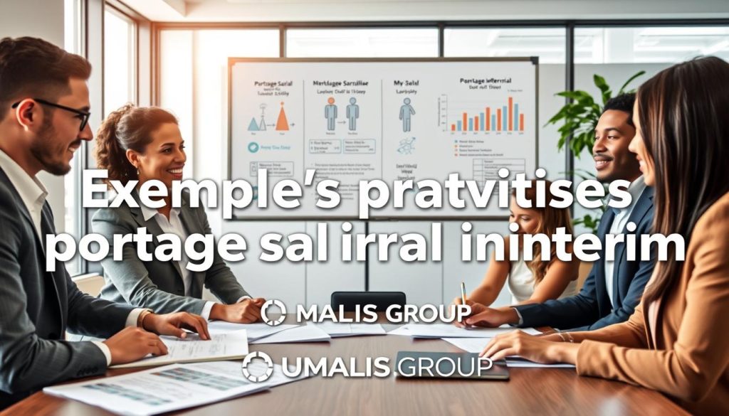A professional setting depicting the concept of "Exemples pratiques portage salarial intérim." In the foreground, a diverse group of three professionals in business attire engaged in a collaborative discussion around a table, with documents and a laptop illustrating various case studies. In the middle, a well-organized office environment featuring charts and graphs on a whiteboard that highlight key differences between portage salarial and interim work arrangements. In the background, a modern office vibe with large windows allowing natural light to flood the room, creating a positive and focused atmosphere. The overall mood is one of collaboration and learning. Include the brand name "UMALIS GROUP" subtly within the scene, emphasizing professionalism and teamwork.