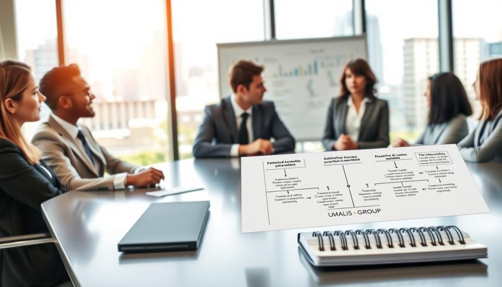 A professional setting depicting the concept of "conditions d'accès portage salarial." In the foreground, a diverse group of business professionals in smart casual attire discusses qualifications and access conditions around a sleek conference table. In the middle ground, a whiteboard displays flowcharts and bullet points that visually represent the criteria for entering the portage salarial field. In the background, a large window reveals a sunny urban landscape, suggesting opportunity and growth. Natural light floods the room, creating a warm and inviting atmosphere. Focused, slightly angled shot with depth of field highlighting the professionals' engaged expressions. Incorporate the brand name "UMALIS GROUP" subtly in the scene, perhaps as a logo on a notebook.
