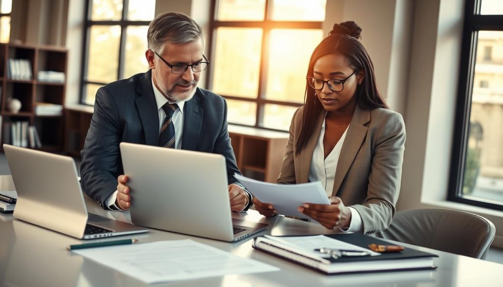 A professional setting depicting the concept of "legal assistance in portage salarial." In the foreground, a business professional, a middle-aged Caucasian man, is discussing documents with a young Black woman dressed in smart business attire, both focused and engaged. The middle layer features a sophisticated office environment with a large desk, a laptop displaying legal documents, and various organizational tools like notebooks and folders with the logo of "Umalis Group" visible. In the background, large windows allow natural light to flood into the room, casting a warm glow that enhances the collaborative atmosphere. The overall mood is one of professionalism and support, conveying a sense of trust and collaboration essential in legal assistance. Employing a slightly elevated angle, the image captures both individuals and their environment harmoniously, emphasizing the importance of legal guidance in portage salarial. A professional setting depicting the concept of "legal assistance in portage salarial." In the foreground, a business professional, a middle-aged Caucasian man, is discussing documents with a young Black woman dressed in smart business attire, both focused and engaged. The middle layer features a sophisticated office environment with a large desk, a laptop displaying legal documents, and various organizational tools like notebooks and folders with the logo of "Umalis Group" visible. In the background, large windows allow natural light to flood into the room, casting a warm glow that enhances the collaborative atmosphere. The overall mood is one of professionalism and support, conveying a sense of trust and collaboration essential in legal assistance. Employing a slightly elevated angle, the image captures both individuals and their environment harmoniously, emphasizing the importance of legal guidance in portage salarial.