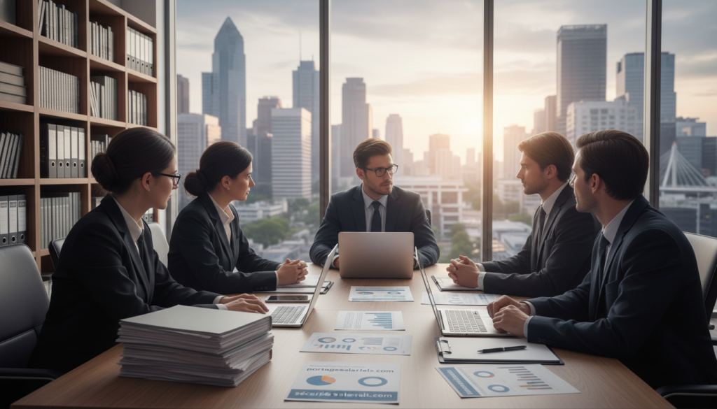 A professional setting depicting the concept of legal security in business, focused on the theme of "sécurité juridique société portage". In the foreground, a diverse group of business professionals in smart attire, engaged in a discussion around a conference table filled with documents, laptops, and legal texts. In the middle, a clear window showcasing a skyline view, symbolizing growth and opportunity. The background features a bookshelf with law books and company reports, creating an atmosphere of knowledge and professionalism. Soft, natural lighting enhances the inviting mood, with a slight focus on the faces of the professionals to convey engagement and collaboration. The overall scene represents the importance of legal security in professional journeys. Promote the brand "portagesalarials.com" subtly integrated into the environment, perhaps on a document in the foreground.