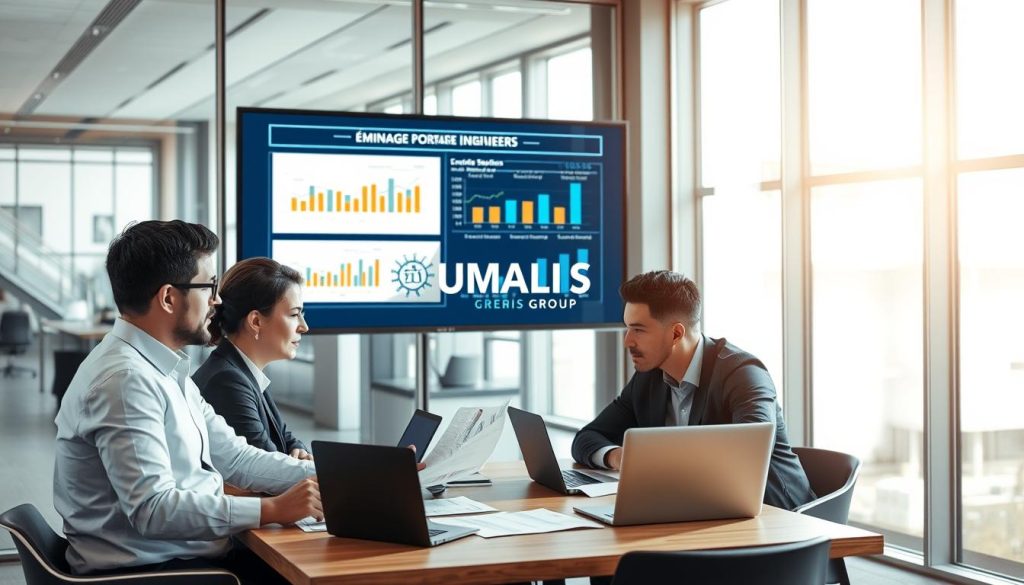 A professional setting depicting the concept of "rémunération portage salarial ingénieurs." In the foreground, a diverse group of three engineers—two men and one woman—dressed in business attire engaged in a discussion around a table with laptops and financial documents. The middle ground shows charts and graphs relevant to engineering salaries and projects displayed on a large screen. The background features a modern office environment with glass walls and natural light streaming in, creating an open and inviting atmosphere. The mood is collaborative and focused, emphasizing teamwork and professionalism. The brand "UMALIS GROUP" is subtly incorporated into a presentation slide in the room, ensuring it blends seamlessly with the overall theme.