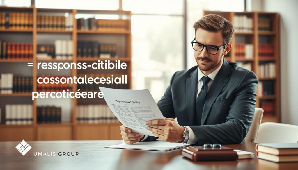 A professional setting depicting the concept of "responsabilité civile professionnelle" in an office environment. In the foreground, a confident business professional in a tailored suit is reviewing a legal document related to professional liability insurance while seated at a sleek desk. In the middle ground, a soft-focus bookshelf filled with law and insurance books creates a scholarly feel. The background features a large window with natural sunlight pouring in, illuminating the space. The mood is serious yet optimistic, symbolizing protection and security in the workforce. A logo of "UMALIS GROUP" subtly integrated into the design adds branding relevance. The lighting is bright and warm, emphasizing clarity and professionalism. Capture this dynamic scene with a slight depth of field effect, giving a polished, corporate look.