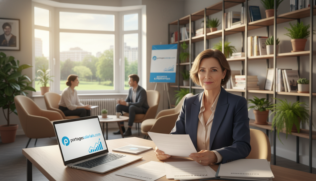 A professional setting depicting the concept of "retraite statut salarié." In the foreground, a confident, well-dressed individual in business attire is reviewing documents related to retirement benefits, with a laptop open beside them. In the middle, a bright, modern office environment showcases a comfy seating area, with a window letting in natural light, highlighting a sense of productivity and comfort. The background features shelves filled with books and potted plants, enhancing the atmosphere of growth and learning. The overall mood is one of empowerment and security, symbolizing rights and protections like retirement and training. Use bright and warm lighting to create a welcoming ambiance. Include subtle branding elements referencing "portagesalarials.com" in the scene, such as a logo on the open laptop screen, ensuring it enhances the image contextually.