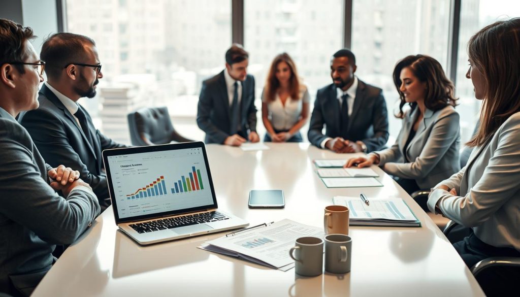 A professional setting depicting the conclusion of a freelance contract, emphasizing "fin mission portage." In the foreground, a diverse group of four business professionals, two men and two women, are engaged in a serious discussion around a sleek, modern conference table. They are dressed in smart business attire, projecting a sense of professionalism and focus. In the middle ground, an open laptop displays graphs and figures related to financial settlements, while a stack of documents with highlighted terms lies next to a few coffee cups. The background features a large window with soft natural light streaming in, creating an inviting atmosphere. The overall mood is one of collaboration and resolution, subtly hinting at the formalities involved in finishing a contractual obligation. The capture should have a clear depth of field, with a slight blur on the background to emphasize the table discussion.