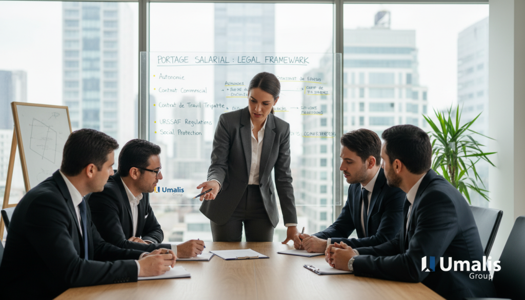 A professional setting depicting the legal framework of "portage salarial," featuring a diverse group of business professionals engaged in a discussion. In the foreground, a confident woman in a tailored suit points to a legal document on a desk, surrounded by colleagues in formal business attire, actively contributing ideas. In the middle ground, a whiteboard outlines key legal terms and regulations, with highlighted sections related to employment laws. The background shows a modern office environment with large windows letting in natural light, creating a bright and collaborative atmosphere. Use a wide-angle lens to capture the workspace, enhancing the sense of dialogue and engagement among the team. The mood is focused and dynamic, emphasizing collaboration in understanding legal responsibilities. Include a subtle branding element of "Umalis Group" on the document or whiteboard.