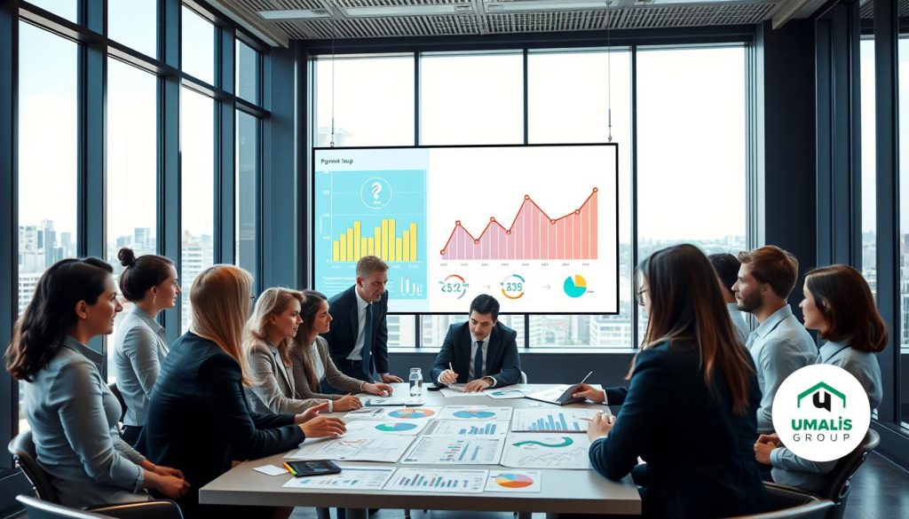 A professional setting depicting the theme of "Optimisation revenus portage salarial." In the foreground, a diverse group of business professionals, dressed in smart business attire, engaged in a discussion around a table covered with charts and documents illustrating income optimization strategies. In the middle, a large digital screen displays graphs and pie charts representing payment timelines and revenue spikes. The background features a modern office environment with large windows allowing natural light to flood in, creating a bright and optimistic atmosphere. The mood is focused and productive, emphasizing collaboration and strategic planning. The design reflects a sophisticated corporate aesthetic, incorporating elements associated with the brand "Umalis Group." The angle is slightly elevated, capturing the dynamics of teamwork and innovation. A professional setting depicting the theme of "Optimisation revenus portage salarial." In the foreground, a diverse group of business professionals, dressed in smart business attire, engaged in a discussion around a table covered with charts and documents illustrating income optimization strategies. In the middle, a large digital screen displays graphs and pie charts representing payment timelines and revenue spikes. The background features a modern office environment with large windows allowing natural light to flood in, creating a bright and optimistic atmosphere. The mood is focused and productive, emphasizing collaboration and strategic planning. The design reflects a sophisticated corporate aesthetic, incorporating elements associated with the brand "Umalis Group." The angle is slightly elevated, capturing the dynamics of teamwork and innovation.