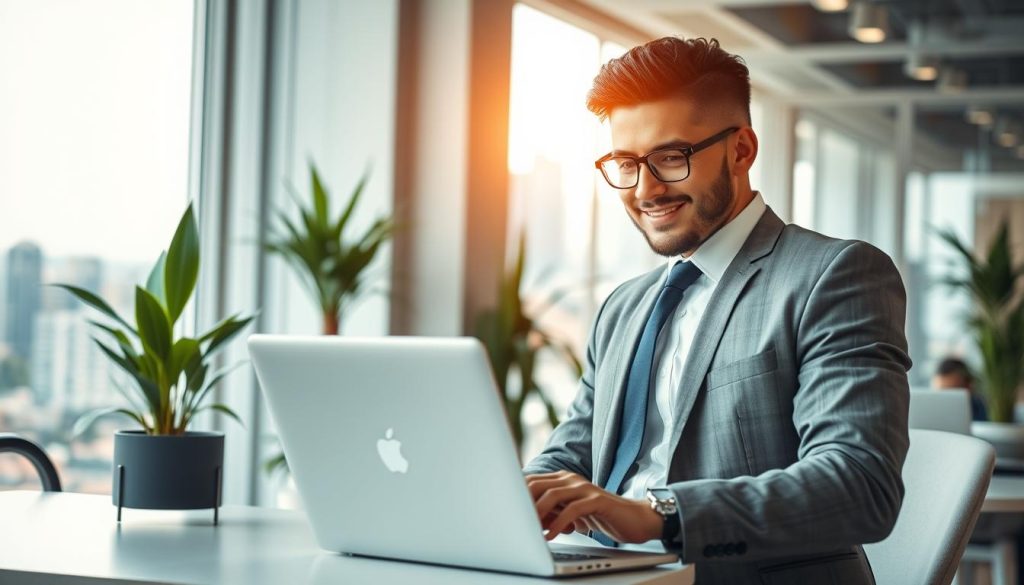 A professional setting depicting the theme of "liberty and flexibility in portage salarial" for independent workers. In the foreground, a confident individual dressed in smart casual attire is working on a laptop, embodying independence and focus. The middle layer showcases a bright, modern office space with large windows allowing natural light to flood in, plants adding a touch of warmth. In the background, a vibrant cityscape can be seen, symbolizing opportunities and connectivity. The atmosphere is uplifting and inspiring, evoking feelings of freedom and potential. Soft, diffused lighting enhances the friendly ambiance, with a slight bokeh effect on the cityscape. The image subtly includes the brand name "UMALIS GROUP" in the office space decor, presented elegantly to maintain a professional aesthetic.
