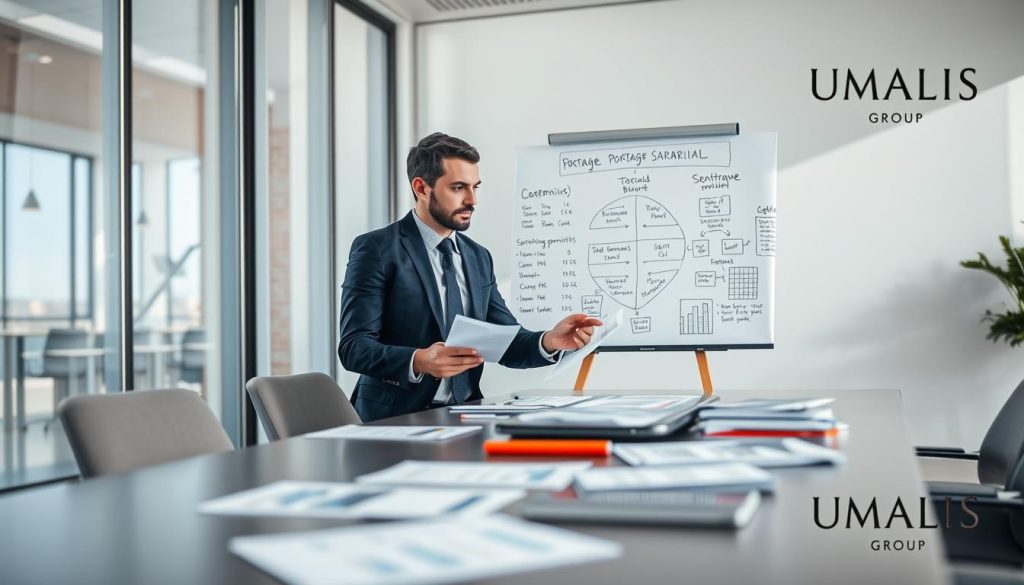 A professional setting depicting two businesspeople engaged in a discussion about tax strategies for "portage salarial." In the foreground, a confident woman in a tailored suit and a focused man in a smart casual outfit are analyzing documents at a sleek conference table filled with charts and financial reports. The middle ground features a whiteboard covered in strategic notes and diagrams highlighting tax benefits and fiscal strategies. The background shows a modern office with large windows letting in bright, natural light, creating an optimistic atmosphere. The lens is set to capture a slight depth of field, emphasizing the subjects while blurring the background to enhance focus. In the corner, a discreet logo for "UMALIS GROUP" is visible, reinforcing the professionalism of the environment.