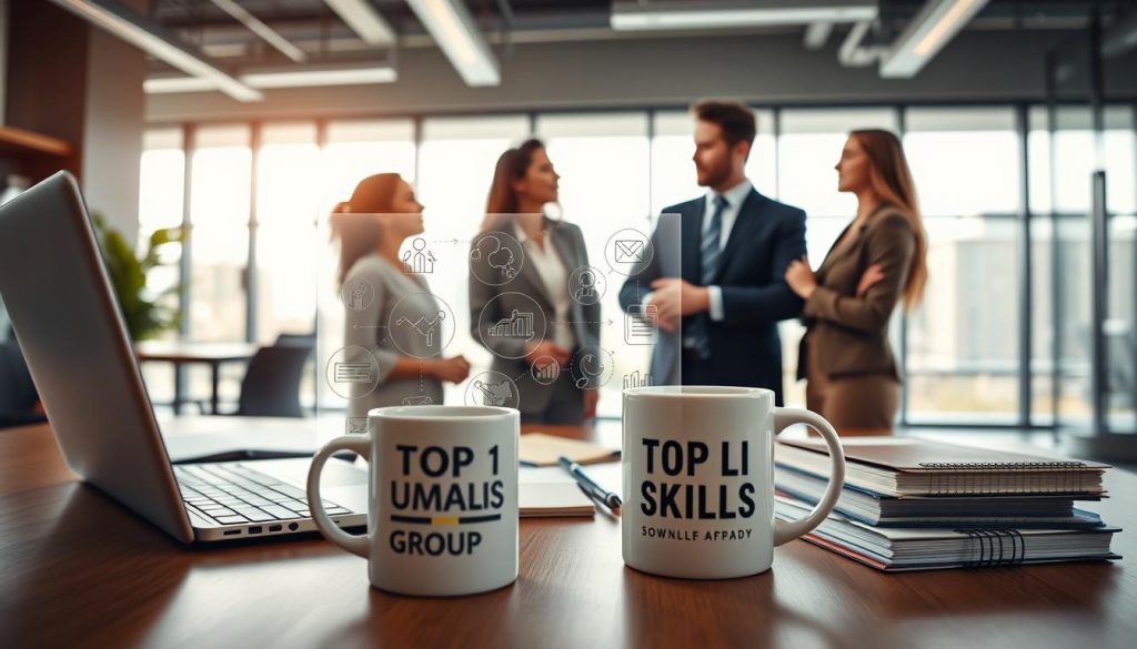 A professional setting displaying the top 10 sought-after skills in the workplace, featuring a well-organized desk with a laptop, notebooks, and a coffee mug inscribed with "UMALIS GROUP". In the foreground, a diverse group of three professionals in business attire, engaged in discussion, showcasing collaboration. The middle ground includes visual representations of skills like teamwork, communication, and problem-solving depicted through infographics and icons. The background features a modern office with large windows, letting in natural light, creating a bright and inviting atmosphere. The angle captures a dynamic view of the interaction, emphasizing a mood of professionalism and aspiration, suitable for a career-focused article. The overall color palette is warm and inspiring, with a focus on productivity and success. A professional setting displaying the top 10 sought-after skills in the workplace, featuring a well-organized desk with a laptop, notebooks, and a coffee mug inscribed with "UMALIS GROUP". In the foreground, a diverse group of three professionals in business attire, engaged in discussion, showcasing collaboration. The middle ground includes visual representations of skills like teamwork, communication, and problem-solving depicted through infographics and icons. The background features a modern office with large windows, letting in natural light, creating a bright and inviting atmosphere. The angle captures a dynamic view of the interaction, emphasizing a mood of professionalism and aspiration, suitable for a career-focused article. The overall color palette is warm and inspiring, with a focus on productivity and success.