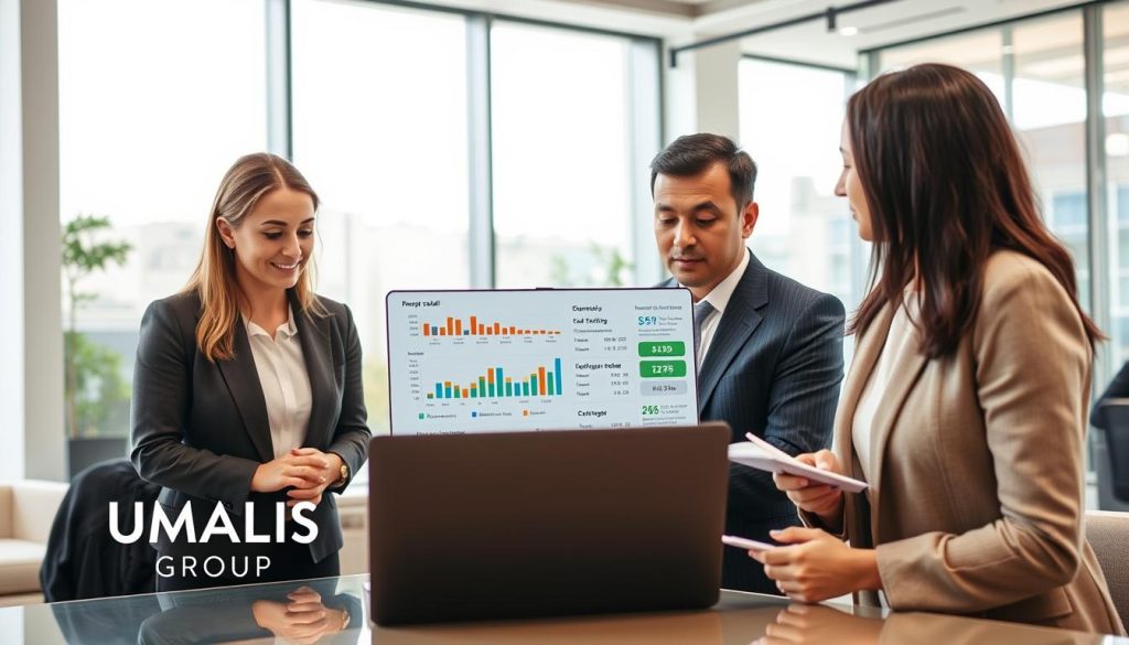 A professional setting featuring a diverse group of business people engaged in a simulation to analyze salary negotiation strategies using a financial software interface. In the foreground, a Caucasian woman in business attire is focused on a laptop displaying colorful graphs and statistics related to "portage salarial." Beside her, an Hispanic man, also in business attire, discusses figures, while an Asian woman takes notes on a notepad. In the background, a modern office environment with sleek furniture and large windows allows natural light to flood the room, creating a bright and collaborative atmosphere. The logo of "UMALIS GROUP" subtly appears in the corner of the laptop screen, emphasizing the context of professional growth and negotiation tactics. The overall mood is dynamic and focused, reflecting teamwork and strategic planning.