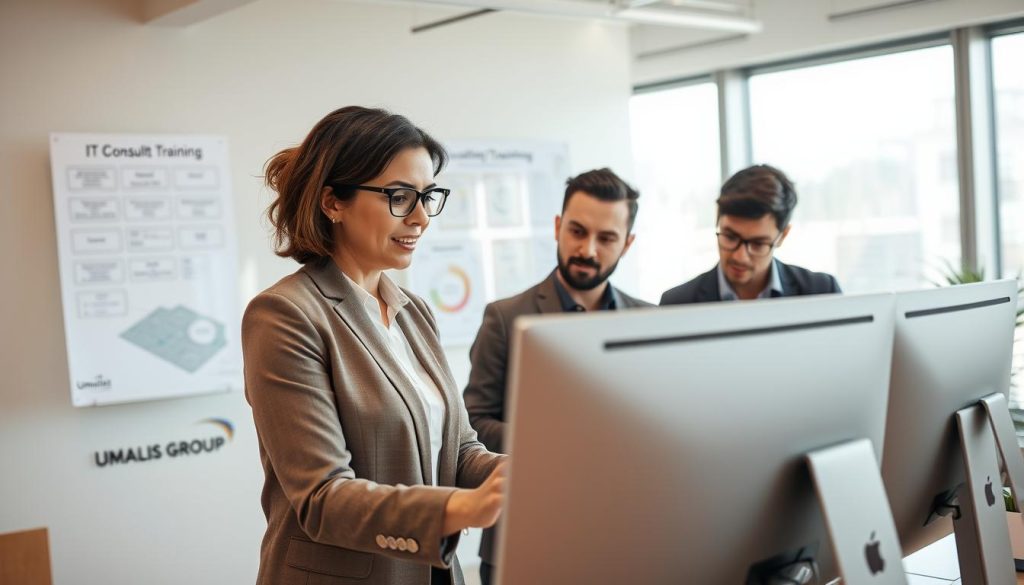 A professional setting featuring a diverse group of consultants collaborating over a computer screen, engaged in a training session. In the foreground, a middle-aged woman in business attire leads a discussion, while a young man takes notes on a laptop. The middle section showcases a large whiteboard filled with diagrams and certificates relevant to IT consulting training. In the background, a bright, modern office space with large windows allows natural light to flood in, enhancing the atmosphere of learning and collaboration. The color palette includes warm tones to convey a cozy but professional environment. Focus on clarity and detail, with a slight depth of field effect to emphasize the subjects. Include subtle branding elements from Umalis Group throughout the setting. A professional setting featuring a diverse group of consultants collaborating over a computer screen, engaged in a training session. In the foreground, a middle-aged woman in business attire leads a discussion, while a young man takes notes on a laptop. The middle section showcases a large whiteboard filled with diagrams and certificates relevant to IT consulting training. In the background, a bright, modern office space with large windows allows natural light to flood in, enhancing the atmosphere of learning and collaboration. The color palette includes warm tones to convey a cozy but professional environment. Focus on clarity and detail, with a slight depth of field effect to emphasize the subjects. Include subtle branding elements from Umalis Group throughout the setting.