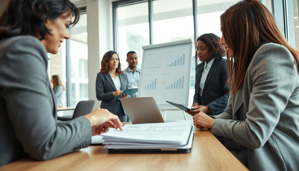 A professional setting featuring a diverse group of individuals engaged in a discussion about managing professional expenses in a portage salarial context. In the foreground, a middle-aged woman in a smart suit points to a financial document on a table. Beside her, a young man in a business casual outfit takes notes on a laptop. In the middle ground, a whiteboard displays charts and graphs related to expense management. The background shows a modern office environment with large windows allowing natural light to illuminate the space. The atmosphere is collaborative and focused, conveying a sense of professionalism and teamwork. The lighting is bright and airy, enhancing the mood of productivity and clarity. A professional setting featuring a diverse group of individuals engaged in a discussion about managing professional expenses in a portage salarial context. In the foreground, a middle-aged woman in a smart suit points to a financial document on a table. Beside her, a young man in a business casual outfit takes notes on a laptop. In the middle ground, a whiteboard displays charts and graphs related to expense management. The background shows a modern office environment with large windows allowing natural light to illuminate the space. The atmosphere is collaborative and focused, conveying a sense of professionalism and teamwork. The lighting is bright and airy, enhancing the mood of productivity and clarity.