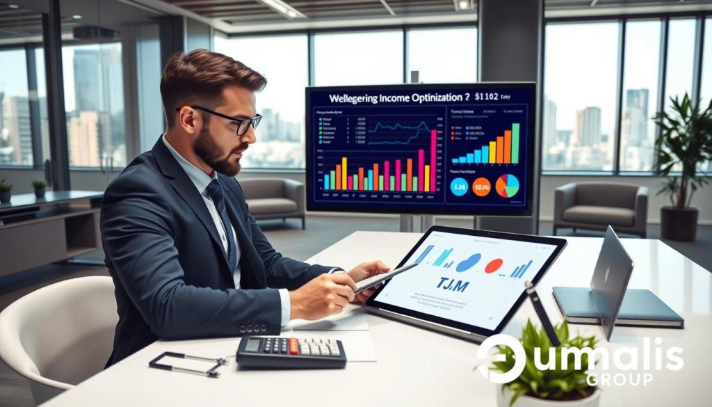 A professional setting featuring a focused web development expert analyzing financial projections on a digital tablet. In the foreground, the expert, dressed in smart business attire, is seated at a modern desk adorned with graphs and a calculator. The middle showcases a large screen displaying colorful visualizations of income optimization and TJM calculations, such as bar charts and pie charts. The background consists of an office space with sleek furniture and a window showing a cityscape under bright, natural daylight, creating a productive and optimistic atmosphere. Soft lighting enhances the professionalism of the scene. Include branding elements subtly representing "Umalis Group" in the office environment, emphasizing a connection to payroll management and financial expertise.