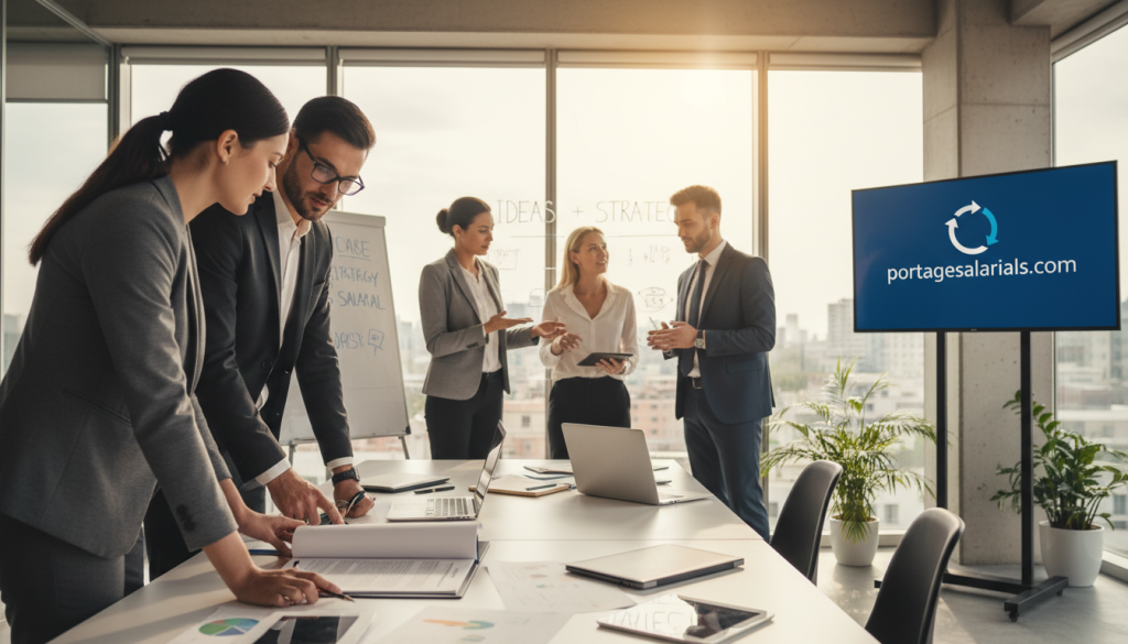A professional setting featuring a group of diverse business professionals engaged in a dynamic discussion about "missions portage salarial." In the foreground, a well-dressed woman and man are reviewing a contract, showcasing a focus on documentation and collaboration. In the middle ground, additional team members are brainstorming ideas, with laptops and tablets visible for a modern touch. The background reveals a bright, contemporary office space with large windows, allowing natural light to flood the room, creating an open and inviting atmosphere. The lighting should be warm and professional, emphasizing teamwork and success in the context of portage salarial. Include subtle branding elements, such as a logo or digital display for "portagesalarials.com," seamlessly integrated into the environment. The overall mood should inspire professionalism, collaboration, and security in the freelance world.