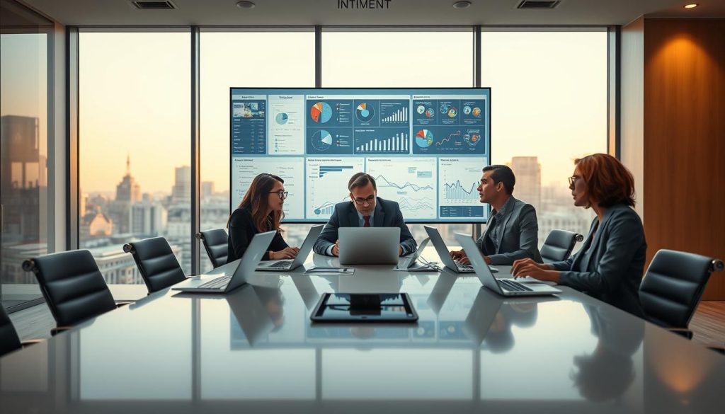 A professional setting featuring a group of three IT consultants collaborating around a sleek, modern conference table. In the foreground, a diverse team, consisting of two women and one man, all dressed in smart business attire, is engaged in a discussion with laptops open and digital devices scattered around. The middle layer includes a large screen displaying complex data analytics and project management visuals. In the background, large windows reveal a cityscape, bathed in warm, natural light. Soft, ambient lighting enhances the atmosphere of innovation and collaboration. The overall mood is focused yet dynamic, conveying a sense of expertise and teamwork in the realm of technology consulting. A professional setting featuring a group of three IT consultants collaborating around a sleek, modern conference table. In the foreground, a diverse team, consisting of two women and one man, all dressed in smart business attire, is engaged in a discussion with laptops open and digital devices scattered around. The middle layer includes a large screen displaying complex data analytics and project management visuals. In the background, large windows reveal a cityscape, bathed in warm, natural light. Soft, ambient lighting enhances the atmosphere of innovation and collaboration. The overall mood is focused yet dynamic, conveying a sense of expertise and teamwork in the realm of technology consulting.