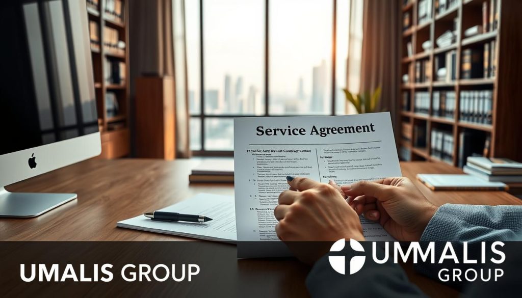 A professional setting featuring a neatly arranged wooden desk with a computer, a notepad with handwritten notes, and a pen positioned on top. In the foreground, a pair of hands is seen reviewing a contract document titled "Service Agreement," highlighting key clauses. The middle ground shows shelves filled with legal books and documents related to business contracts. In the background, soft natural light streams through a large window, revealing a cityscape, conveying an atmosphere of professionalism and focus. The overall mood should feel serious and authoritative, suitable for a business context. Please include the logo of "UMALIS GROUP" subtly integrated into the scene, ensuring there are no captions or text overlays. A professional setting featuring a neatly arranged wooden desk with a computer, a notepad with handwritten notes, and a pen positioned on top. In the foreground, a pair of hands is seen reviewing a contract document titled "Service Agreement," highlighting key clauses. The middle ground shows shelves filled with legal books and documents related to business contracts. In the background, soft natural light streams through a large window, revealing a cityscape, conveying an atmosphere of professionalism and focus. The overall mood should feel serious and authoritative, suitable for a business context. Please include the logo of "UMALIS GROUP" subtly integrated into the scene, ensuring there are no captions or text overlays.
