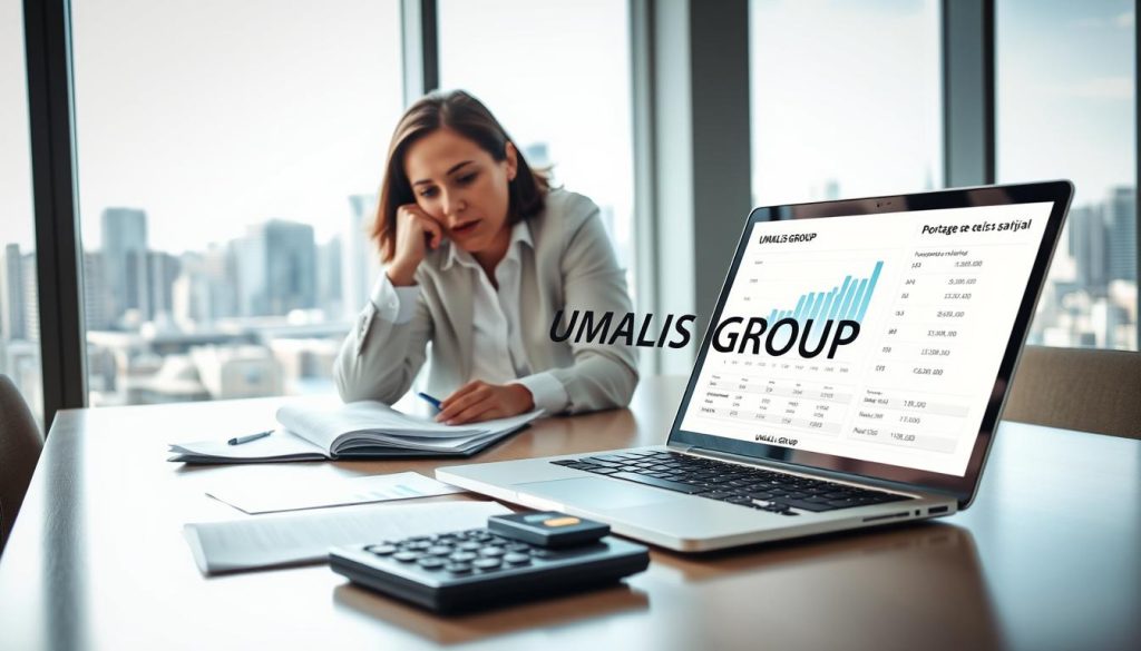 A professional setting featuring a sleek, modern office desk with a laptop open, displaying a detailed spreadsheet or financial graph illustrating management fees in "portage salarial." The foreground includes a well-dressed businessperson in professional attire, intently analyzing the data, with a thoughtful expression. The middle layer presents printed documents and a calculator, emphasizing the financial analysis aspect. In the background, large windows showcase a city skyline, bringing a bright, natural light that enhances the atmosphere of productivity and professionalism. The overall mood is serious and analytical, reflecting financial decision-making. Ensure the name "UMALIS GROUP" appears on the open laptop screen, integrating it into the scene without text overlays or captions.