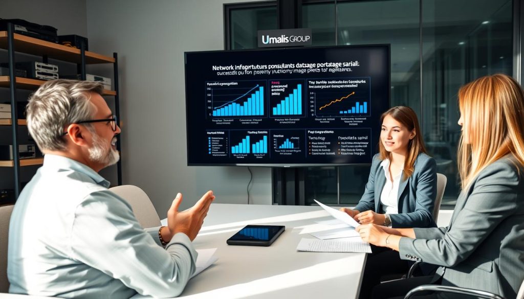 A professional setting featuring diverse consultants engaged in discussions about network infrastructure and the benefits of "portage salarial." In the foreground, a middle-aged man in business attire shares his positive experience, animatedly gesturing while seated at a modern conference table. Beside him, a young woman in smart casual attire listens intently, taking notes. In the middle ground, a large screen displays graphs and data showcasing successful outcomes from consultancy projects. The background includes shelves with networking equipment and a window with city views, indicating a thriving business environment. Soft, natural lighting illuminates the scene, creating an inviting atmosphere for collaboration and testimony sharing. The Umalis Group logo subtly featured on the screen, emphasizing their role in the consultancy process. A professional setting featuring diverse consultants engaged in discussions about network infrastructure and the benefits of "portage salarial." In the foreground, a middle-aged man in business attire shares his positive experience, animatedly gesturing while seated at a modern conference table. Beside him, a young woman in smart casual attire listens intently, taking notes. In the middle ground, a large screen displays graphs and data showcasing successful outcomes from consultancy projects. The background includes shelves with networking equipment and a window with city views, indicating a thriving business environment. Soft, natural lighting illuminates the scene, creating an inviting atmosphere for collaboration and testimony sharing. The Umalis Group logo subtly featured on the screen, emphasizing their role in the consultancy process.